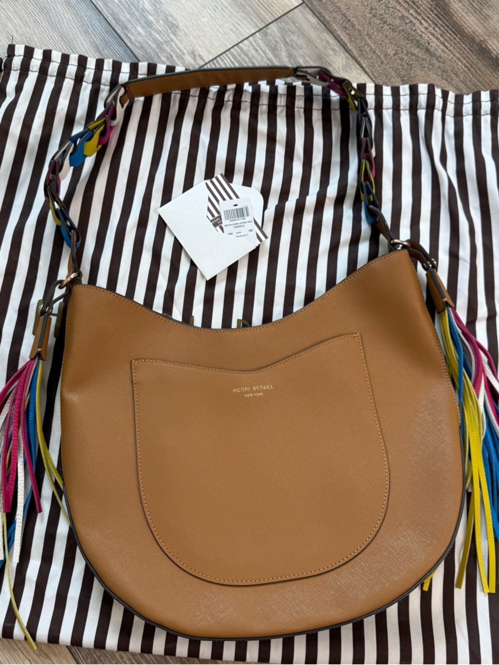 henri bendel Tan Leather Shoulder Hobo with Multicolor Fringe Strap